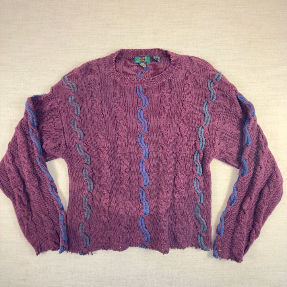 Colours by Alexander Julian Vintage Cable Knit Sweater Purple Blue Linen Blend M